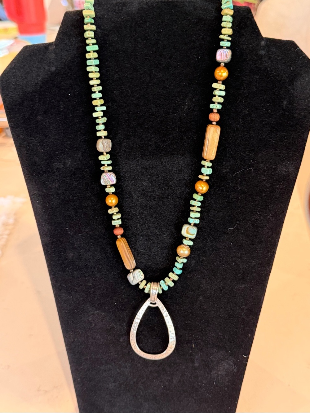 Vintage Silpada Turquoise & Amber Bead Necklace with Silver Teardrop Pendant